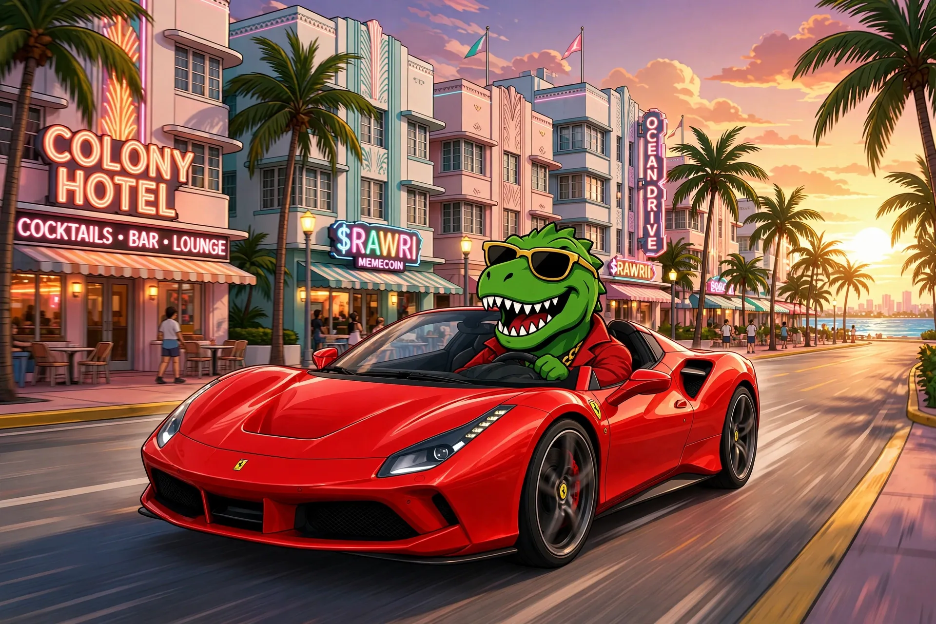 Rawri cruising down Ocean Drive in Miami Beach at golden hour