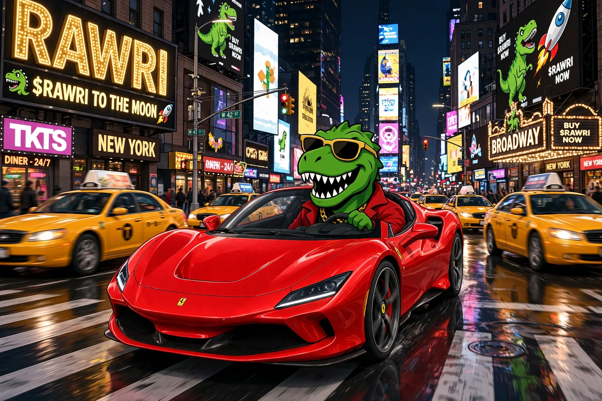 Rawri rolling through Times Square at night under $RAWRI billboards